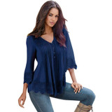 Fashion 2016 Autumn t shirt women Solid Sexy V Neck Long sleeve Lace Crochet tops for women Top Tee Shirt Female Vetement Femme