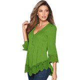 Fashion 2016 Autumn t shirt women Solid Sexy V Neck Long sleeve Lace Crochet tops for women Top Tee Shirt Female Vetement Femme