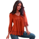 Fashion 2016 Autumn t shirt women Solid Sexy V Neck Long sleeve Lace Crochet tops for women Top Tee Shirt Female Vetement Femme