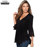 Fashion 2016 Autumn t shirt women Solid Sexy V Neck Long sleeve Lace Crochet tops for women Top Tee Shirt Female Vetement Femme