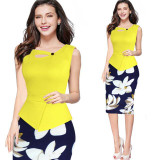 Fantaist Women Summer Sleeveless Button Flare Floral Print Elegant Business Party Formal Work Office Peplum Bodycon Pencil Dress
