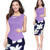 Fantaist Women Summer Sleeveless Button Flare Floral Print Elegant Business Party Formal Work Office Peplum Bodycon Pencil Dress