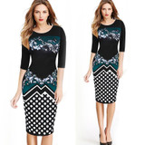 Fantaist Women Summer Vestidos Vintage Patchwork Print Polka Dots Elegant Casual Office Work Stretch Bodycon Sheath Pencil Dress