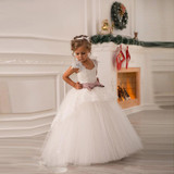 2017 Flower Girl Dresses Kids Ball Gown Short Sleeve Tulle Appliques Lace Bow First Communion Dresses For Girls Pageant Dress