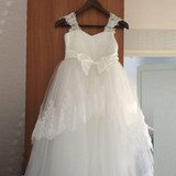 2017 Flower Girl Dresses Kids Ball Gown Short Sleeve Tulle Appliques Lace Bow First Communion Dresses For Girls Pageant Dress