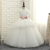2017 Flower Girl Dresses Kids Ball Gown Short Sleeve Tulle Appliques Lace Bow First Communion Dresses For Girls Pageant Dress
