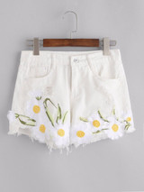 2017 Flower Embroidered Worn tassels splice women sexy femal shorts Summer High waist Beach jeans shorts denim shorts for women