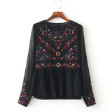 2017 Floral Embroidery Women Blouses O-Neck Long Sleeve Black Shirts Plus Size  Seersucker Chiffon Blouse BBWM16169