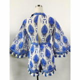 2017 Flare Sleeve Women Playsuits Tassel Rompers Women Jumpsuit Blue Floral Pattern Loose Lady Clothes Summer Beach Playsuit