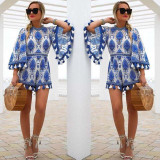 2017 Flare Sleeve Women Playsuits Tassel Rompers Women Jumpsuit Blue Floral Pattern Loose Lady Clothes Summer Beach Playsuit