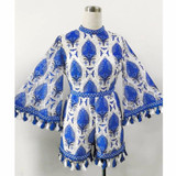2017 Flare Sleeve Women Playsuits Tassel Rompers Women Jumpsuit Blue Floral Pattern Loose Lady Clothes Summer Beach Playsuit
