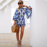 2017 Flare Sleeve Women Playsuits Tassel Rompers Women Jumpsuit Blue Floral Pattern Loose Lady Clothes Summer Beach Playsuit