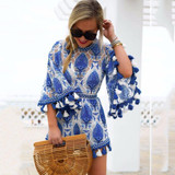 2017 Flare Sleeve Women Playsuits Tassel Rompers Women Jumpsuit Blue Floral Pattern Loose Lady Clothes Summer Beach Playsuit