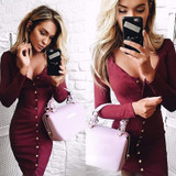 2017 Fation Bodycon Sheath Dress Long Sleeve Party Dresses Women Clothing Back Full Button Robe Sexy Femme Pencil Tight Dress