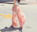 2017 Fashion Women's Summer elastic High waist Chiffon Loose Casual Bohemia Skirt Pants Capris Wide Leg Long Trousers