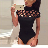 2017 Fashion Womens Choker High Neck Caged Sleeve Playsuits Long Rompers Women Jumpsuits Summer women's bodysuits