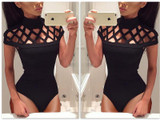 2017 Fashion Womens Choker High Neck Caged Sleeve Playsuits Long Rompers Women Jumpsuits Summer women's bodysuits