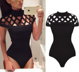 2017 Fashion Womens Choker High Neck Caged Sleeve Playsuits Long Rompers Women Jumpsuits Summer women's bodysuits