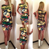 2017 Fashion Women Summer Sleeveless Bodycon Camouflage Cartoon Mouse Military Letter Print Sexy Mini Dress Vestido Curto Cortos