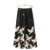 2017 Fashion Women Red Crowned Crane printing Ankle-Length Pants Casual Vintage Wide Leg Pant Loose Comfortable trousers P152