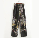 2017 Fashion Women Palazzo Pants Black Flower Elastic Waist Drawstring Causal Pants Wide Leg Pant Vintage Women Clothing PT140