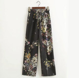 2017 Fashion Women Palazzo Pants Black Flower Elastic Waist Drawstring Causal Pants Wide Leg Pant Vintage Women Clothing PT140