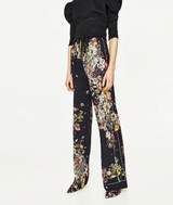 2017 Fashion Women Palazzo Pants Black Flower Elastic Waist Drawstring Causal Pants Wide Leg Pant Vintage Women Clothing PT140