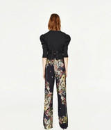 2017 Fashion Women Palazzo Pants Black Flower Elastic Waist Drawstring Causal Pants Wide Leg Pant Vintage Women Clothing PT140