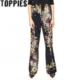 2017 Fashion Women Palazzo Pants Black Flower Elastic Waist Drawstring Causal Pants Wide Leg Pant Vintage Women Clothing PT140