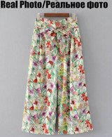 2017 Fashion Women Floral  Pant Retro Vintage Wide Leg Pants Summer Causal Trousers with Bow Belt PT156