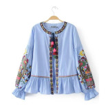 2017 Fashion Women Ethnic style Sequin embroidery Stripe Shirts Long sleeve Blouses Casual Loose Tops chemise femme blusas S1738