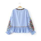 2017 Fashion Women Ethnic style Sequin embroidery Stripe Shirts Long sleeve Blouses Casual Loose Tops chemise femme blusas S1738