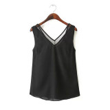 2017 Fashion Women Chiffon Blouses Ladies Mesh Strip Tops Female Sleeveless V-neck Shirt Blousas Feminines White Black Tanks X20