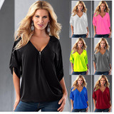 2017 Fashion Women Blouses Sexy V Neck Zipper Half Sleeve Shirt Women Plus Size  Blouse Casual Loose Blusas Women Tops
