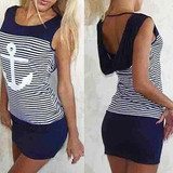 2017 Fashion Women Anchor Stripe Dress Sleeveless O-neck Hooded Sexy Mini Dresses   FS99