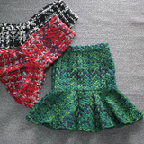 2017 Fashion Winter Autumn Women Tweed Skirt Knitting High Waist Thickened Slim Plaid Skirt Trumpet Ruffles Hem Midi Nylon saias