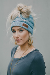 Messy Bun Knitted Beanie - Seafoam Gray