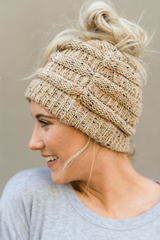 Messy Bun Knitted Beanie - Confetti Latte