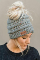 Messy Bun Knitted Beanie - Confetti Gray