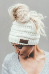 Messy Bun Beanie Ponytail Hat - Ivory