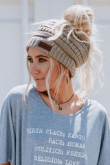 Messy Bun Beanie Ponytail Hat - Gray