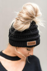 Messy Bun Beanie Hat - Black