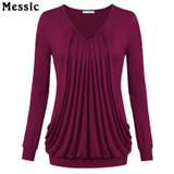 Messic Ruched Cotton Long Sleeve T shirt Women Casual Loose Pleated Female T-shirt Top 2018 Autumn Knitted Cute Tee Shirt Femme