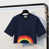 Merry Pretty Summer New Fashion Harajuku Women T-shirt Kawaii Rainbow Print Crop tops Tees Cute Cotton Top Short Sleeve T-Shirts