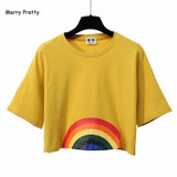 Merry Pretty Summer New Fashion Harajuku Women T-shirt Kawaii Rainbow Print Crop tops Tees Cute Cotton Top Short Sleeve T-Shirts