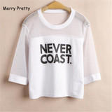 Merry Pretty Summer HARAJUKU Women Tshirts letter print Mesh patchwork sexy rock punk T-shirt female crop tops korean style top