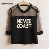 Merry Pretty Summer HARAJUKU Women Tshirts letter print Mesh patchwork sexy rock punk T-shirt female crop tops korean style top