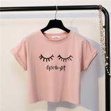 Merry Pretty New Summer Fashion Women Solid Pink Punk Style O-neck Short Sleeve T-shirt Letter &amp; Eyelash Printed Crop Top Tees