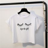 Merry Pretty New Summer Fashion Women Solid Pink Punk Style O-neck Short Sleeve T-shirt Letter &amp; Eyelash Printed Crop Top Tees