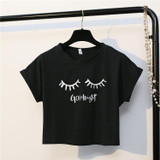Merry Pretty New Summer Fashion Women Solid Pink Punk Style O-neck Short Sleeve T-shirt Letter &amp; Eyelash Printed Crop Top Tees